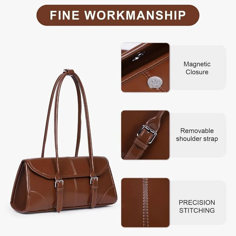 Women's Brown Faux Leather Tote Bag Small Shoulder Handbag Purse